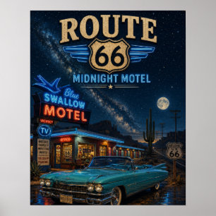 Poster Route 66 Midnight Motel Blue Swallow Vintage Retro