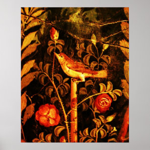 Póster ROUXINOL COM ROSAS, Vermelho Preto Amarelo