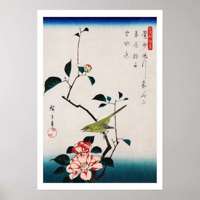 Poster Rouxinol no Ramo de Camélia, Hiroshige (Frente)