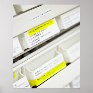 Póster Rows of labeled medicine drawers