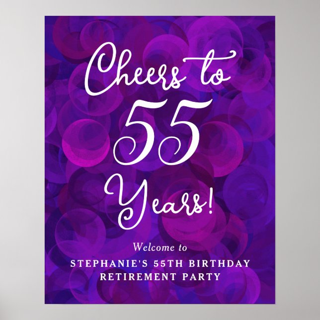 Poster Roxo Cheers até 55 anos Aposentação de Aniversário (Frente)