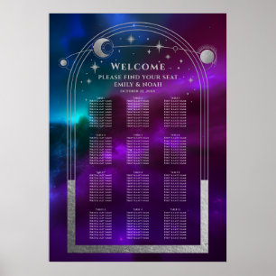 Poster Roxo Cósmico Prateado Sol Lua Estrelas Casamento