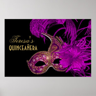 Poster Roxo do aniversário do quinceañera do mascarada