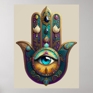 Poster Roxo Dourado Verde Água Hamsa c/ Terceiro Olho Tur