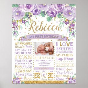 Poster Roxo Floral 1º Aniversário Marco de Nascimento Est