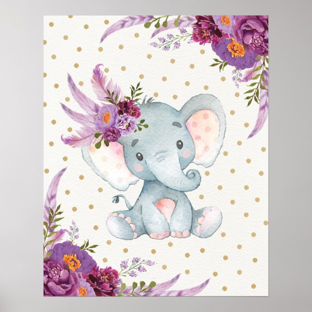 Poster Roxo Floral Elephant Nursery Art Boho (Frente)