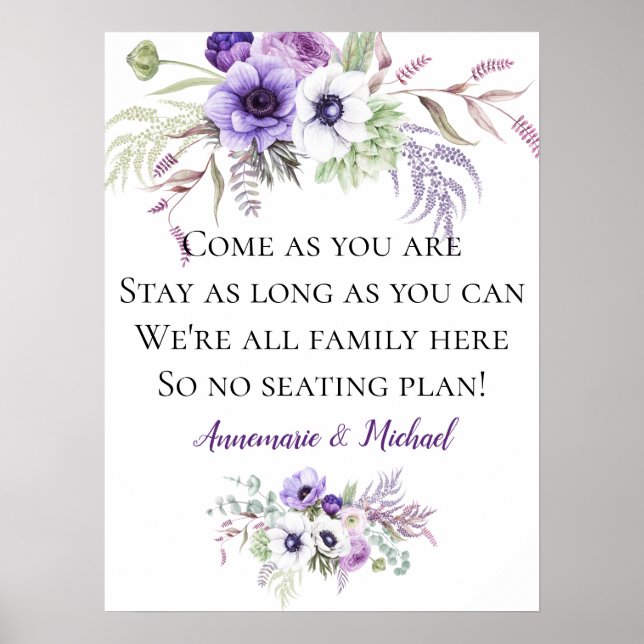 Poster Roxo Floral Sem Placa Sentada Sinal de Casamento (Frente)