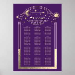 Poster Roxo Místico Dourado Sol Lua Estrelas Casamento