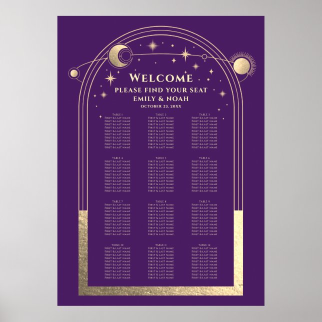 Poster Roxo Místico Dourado Sol Lua Estrelas Casamento (Frente)