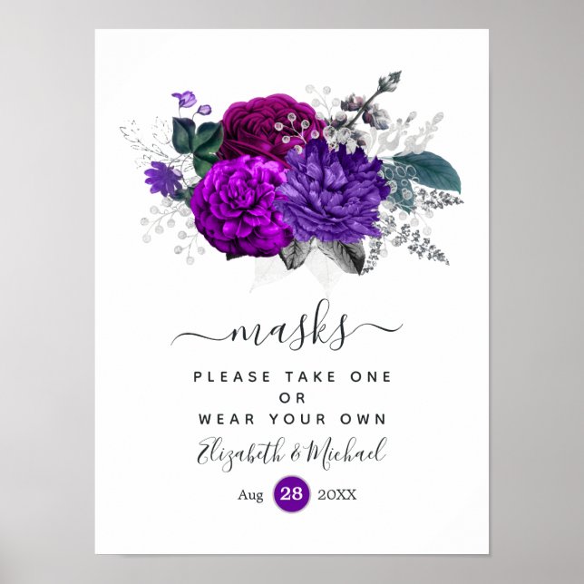 Poster Roxo Real e Máscaras de Casamento Floral de Prata (Frente)