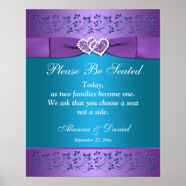 Póster Roxo, Teal Floral Hearding Sinal/Poster (Frente)
