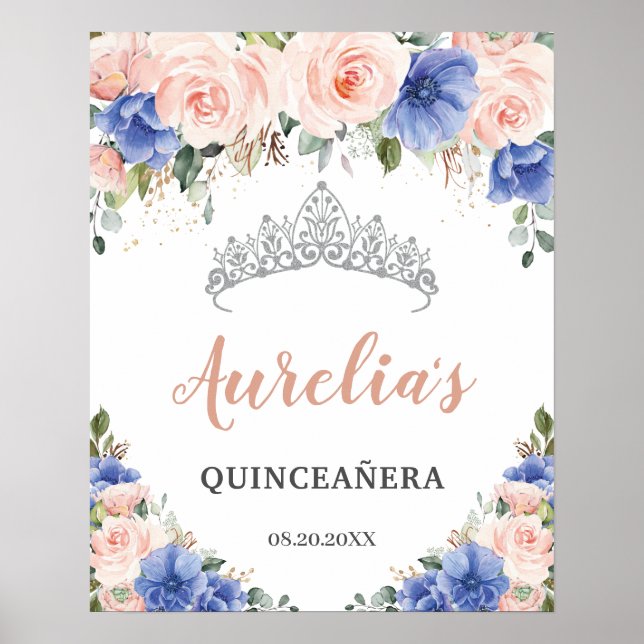 Poster Royal Blue Blush Floral Quinceañera Tiara Boas-vin (Frente)