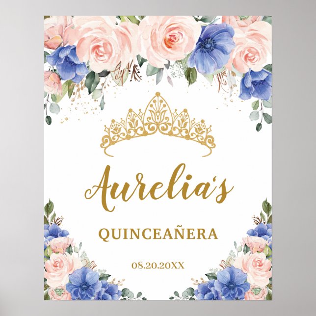 Poster Royal Blue Blush Floral Quinceañera Tiara Boas-vin (Frente)