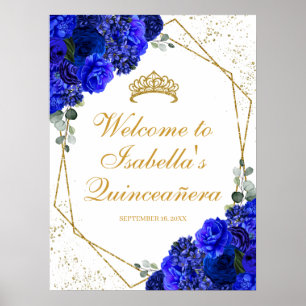 Poster Royal Blue e Dourada Quinceanera Floral