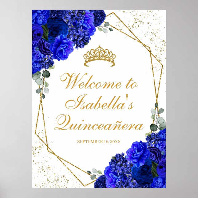 Poster Royal Blue e Dourada Quinceanera Floral (Frente)