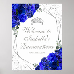 Poster Royal Blue e Silver Floral Quinceanera Bem-vindos 