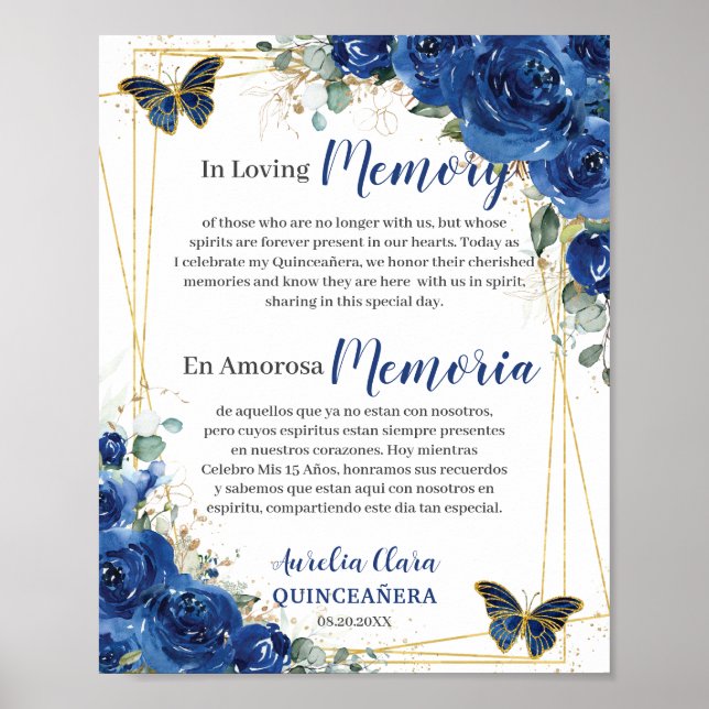 Poster Royal Blue Floral Quinceanera 16 In Loving Memory (Frente)