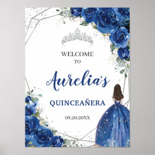 Poster Royal Blue Floral Rosa Silver Quinceañera Bem-vind