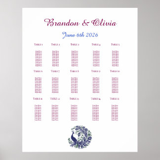 Poster Royal Blue Peacock Wedding Seating Chart