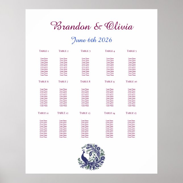 Poster Royal Blue Peacock Wedding Seating Chart (Frente)