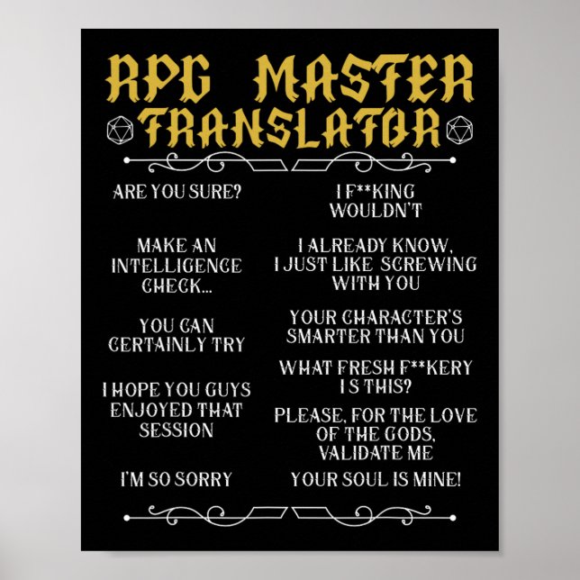 Poster Rpg Master Translator D20 Tabletop Games Funny Rpg (Frente)
