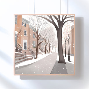 Poster Rua Brownstone Aquarela de Inverno Nevado