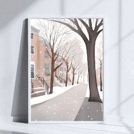 Poster Rua Brownstone | Arte em Aquarela de Inverno Nevad
