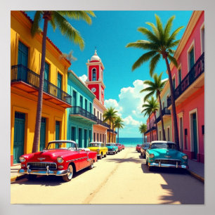 Poster Rua Colorida Cubana com Carros Clássicos
