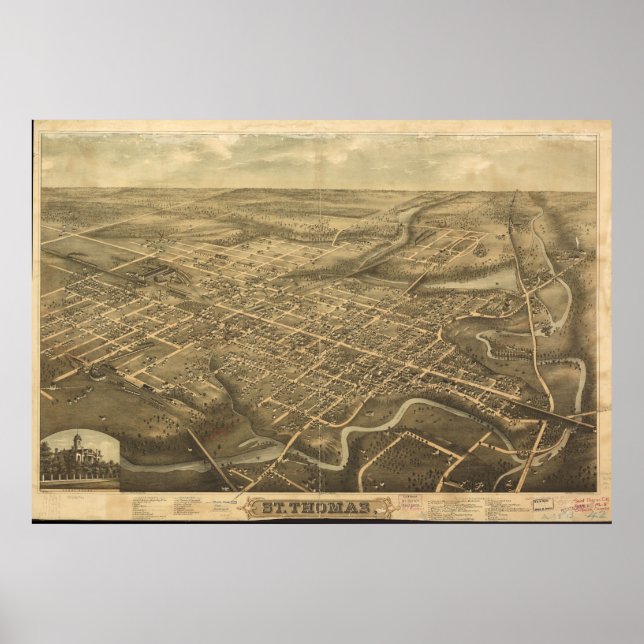 Poster rua de 1896 Thomas, Mapa Panorâmico Olho de Ontári (Frente)