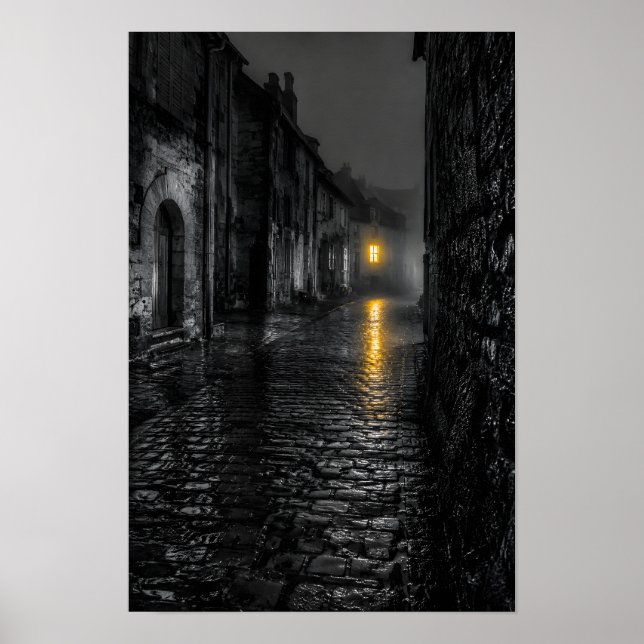 Poster Rua de Paralelepípedos Molhados pela Chuva (Frente)