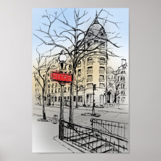 Poster Rua de Paris desenhada à mão com tinta colorida