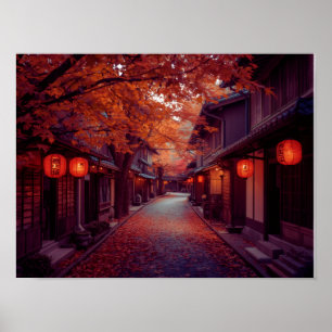 Poster Rua do outono de Quioto com Lanternas - Água Japon