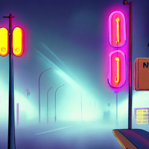 Poster Rua Foggy Inundada por postes de luz e sinais de n