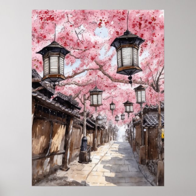 Poster Rua Japonesa com Árvores de Flor de Cereja (Frente)