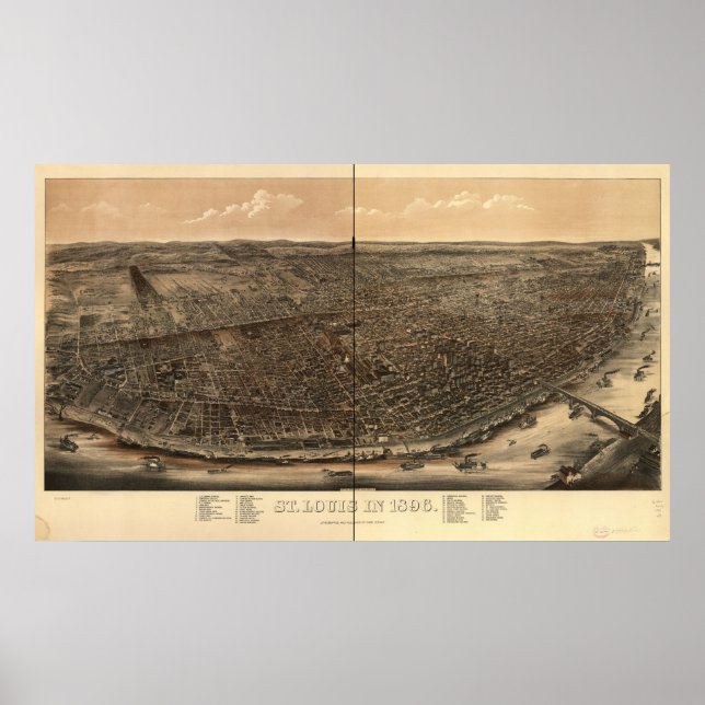 Poster Rua. Louis Missouri 1896 Mapa Panorâmico Antiquado (Frente)