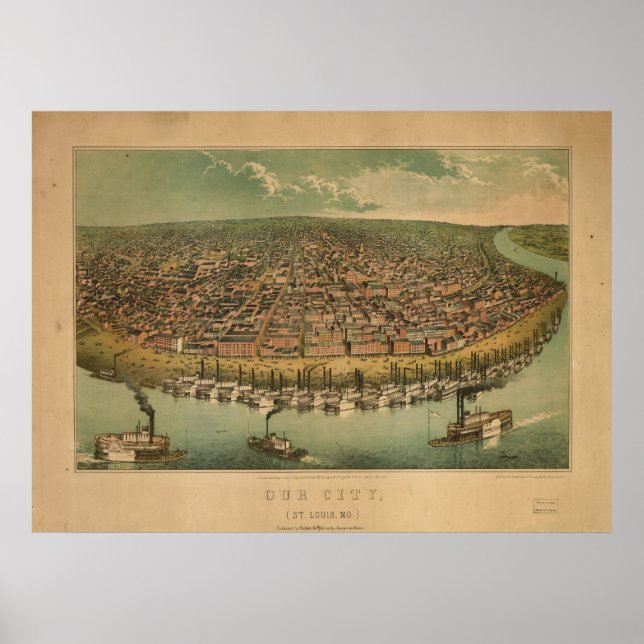 Póster rua Louis MO Birds Olhos Ver Mapa Panorâmico (Frente)