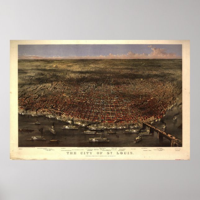 Póster rua Louis MO Birds Olhos Ver Mapa Panorâmico (Frente)