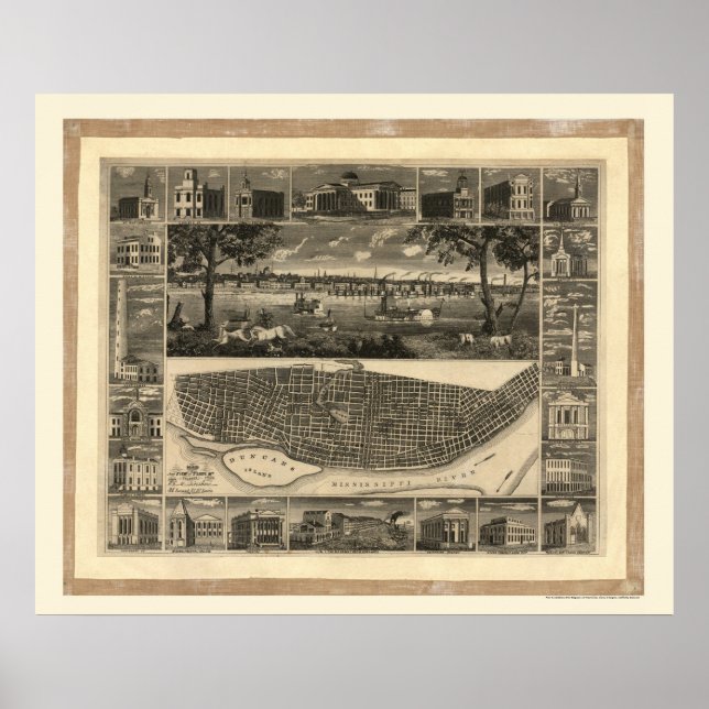 Póster Rua. Louis, MO Mapa Panorâmico - 1848 (Frente)