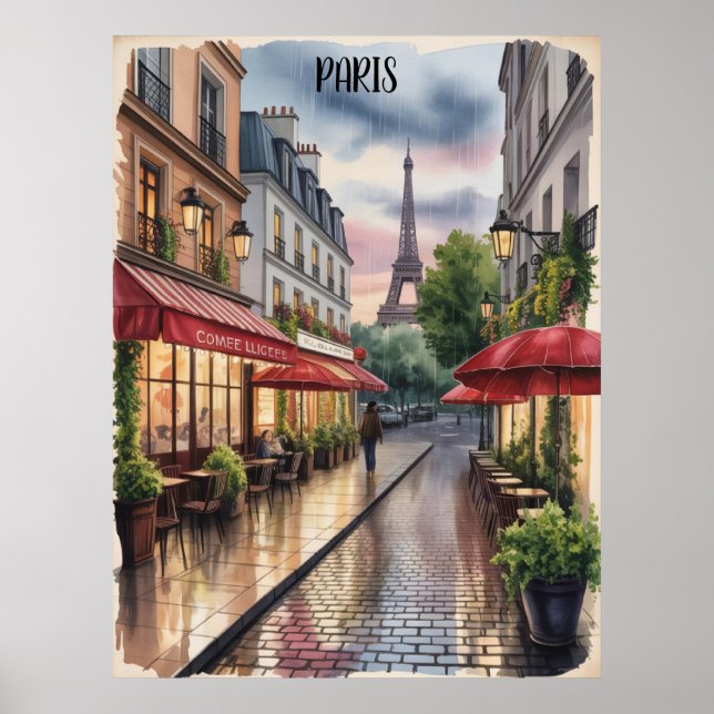 Poster Rua Romântica de Paris Torre Eiffel Aquarela (Frente)