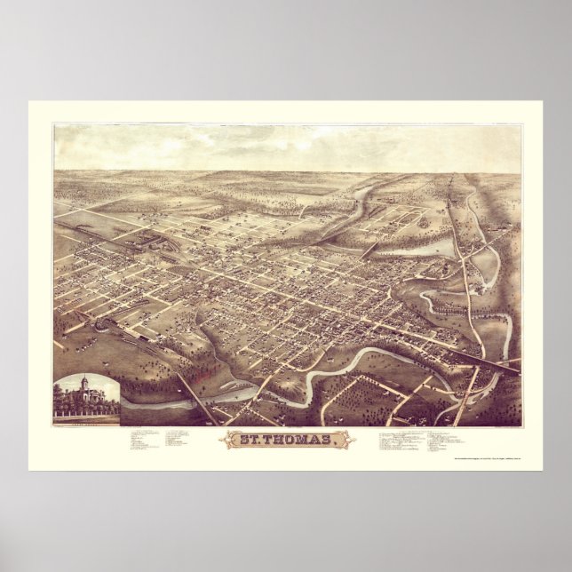 Poster Rua. Thomas, ON, Canada Panorâmica Map - 1896 (Frente)