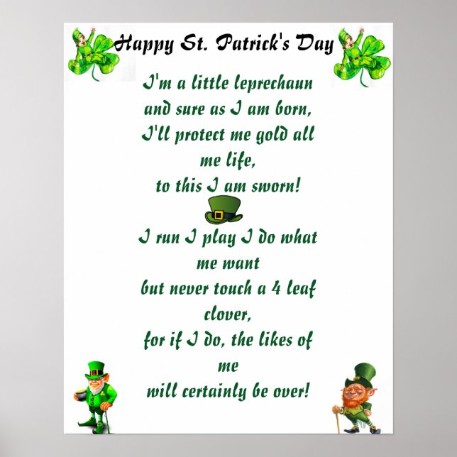 POSTER RUAS. POEMA LEPRECHAUN DO DIA DE PATRICK (Frente)