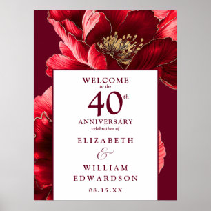 Poster Ruby Red Floral 40º Aniversário Sinal de Boas-vind
