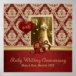 Póster Ruby Wedding Anniversário Antique Damask Dourado V
