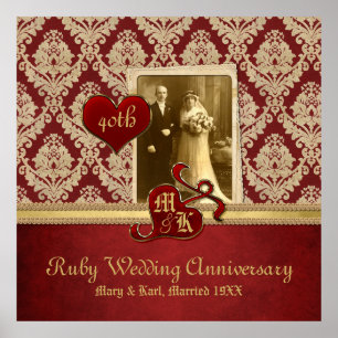 Póster Ruby Wedding Anniversário Antique Damask Dourado V