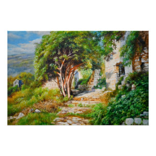Póster Ruínas Antigas com Árvore Iluminada - Pintura a Ól