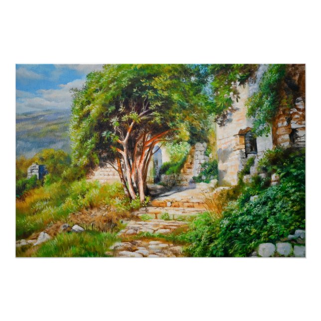 Póster Ruínas Antigas com Árvore Iluminada - Pintura a Ól (Frente)