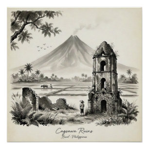 Póster Ruínas de Cagsawa & Vulcão Mayon Filipinas