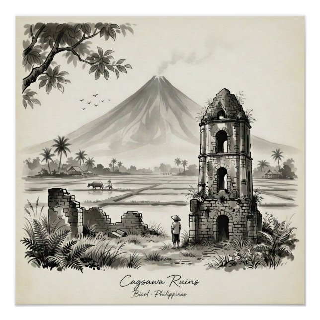 Póster Ruínas de Cagsawa & Vulcão Mayon Filipinas (Frente)