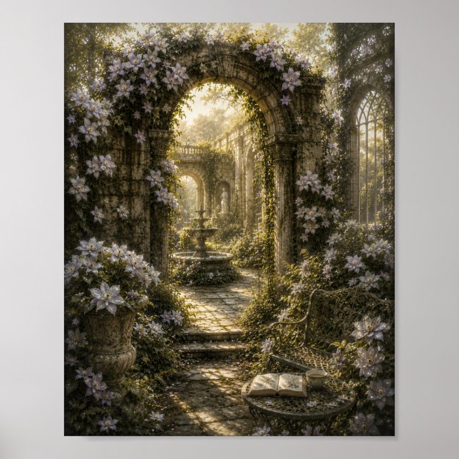 Poster Ruínas de Clematite Prateada Botânica Vintage (Frente)
