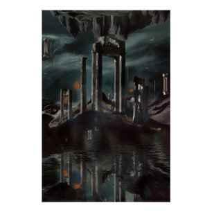 Póster Ruínas Flutuantes Surreais Poço de Obsidiana